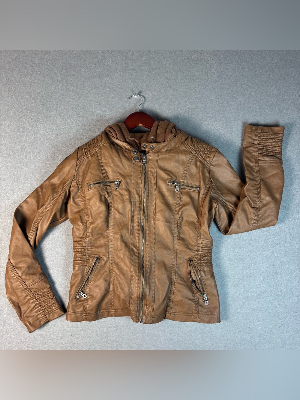Made by Johnny Hooded Leather Jacket Liner Moto Biker Sz Medium